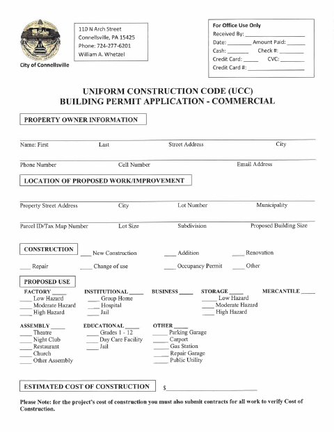 First page of the Commercial Building Permit Application