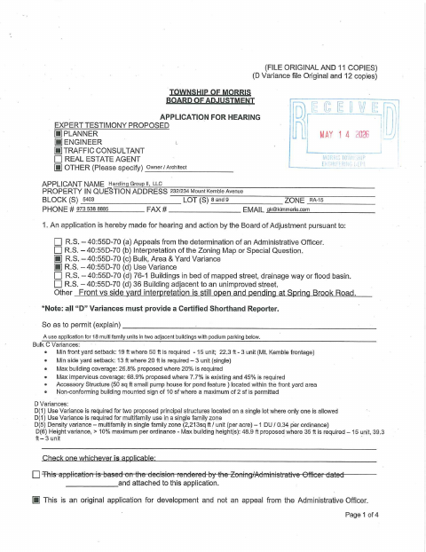 First page of the Board of Adjustment Hearing Application and Narrative