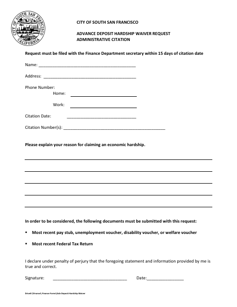 First page of the Advance Deposit Hardship Waiver Request