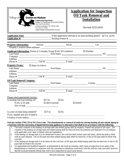 First page of the Application for Inspection Oil Tank Removal and Installation