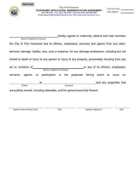 First page of the Film Permit Application Indemnification Agreement