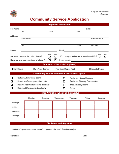 First page of the Community Service Application