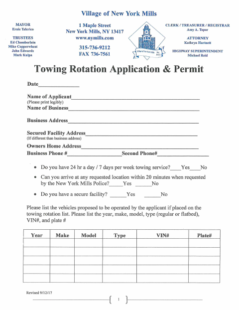 First page of the Towing Rotation Application and Permit