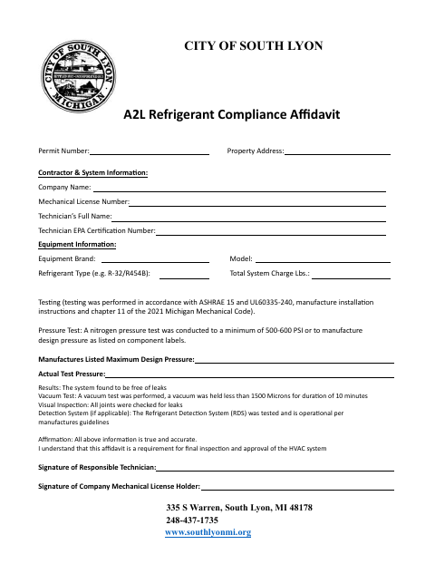 First page of the A2L Refrigerant Compliance Affidavit