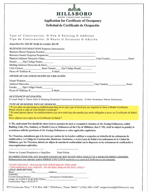 First page of the Certificate of Occupancy Application