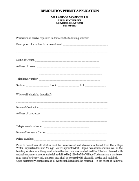 First page of the Demolition Permit Application