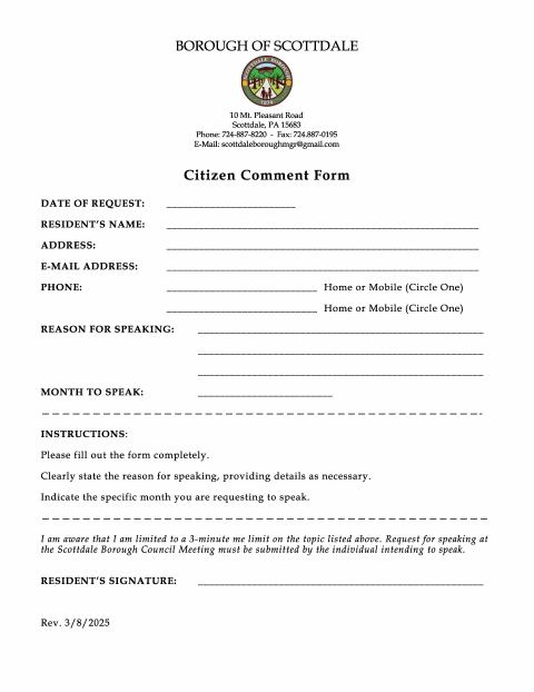 First page of the Citizen Comment Form