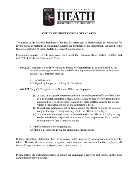 First page of the Personnel Complaint Form