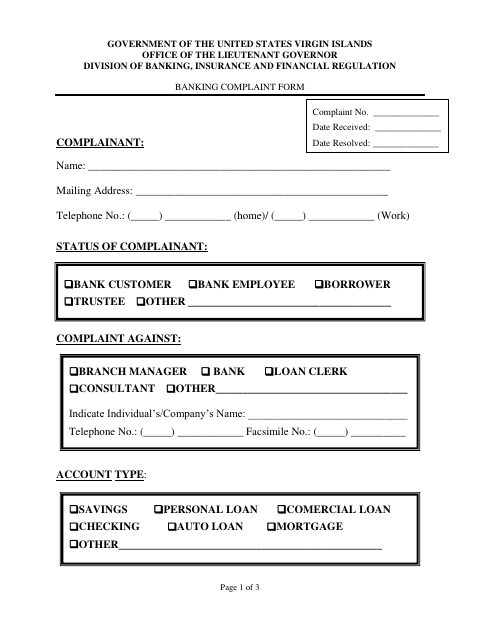First page of the Banking Complaint Form