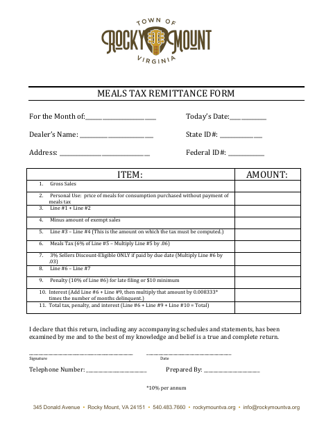 First page of the Meals Tax Remittance Form