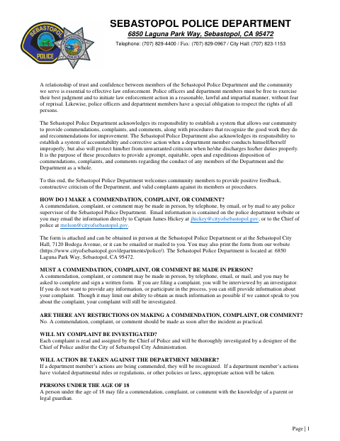 First page of the Commendation, Complaint, Comment Form