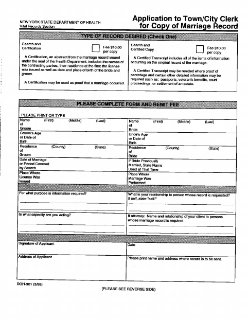 First page of the Application for Copy of Marriage Record