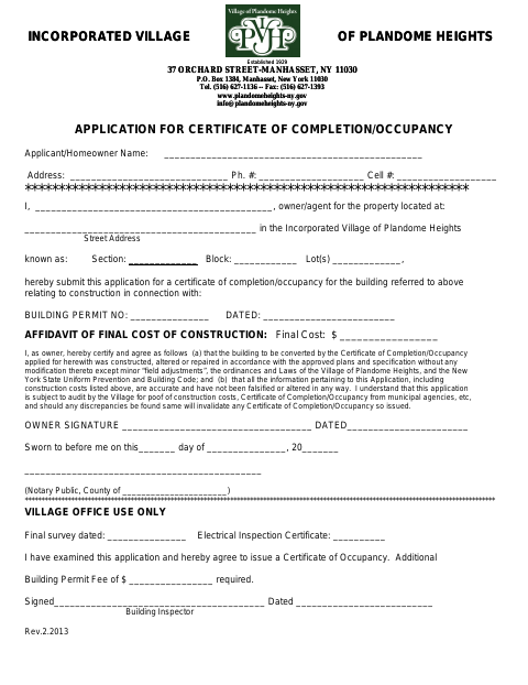 First page of the Application for Certificate of Completion/Occupancy