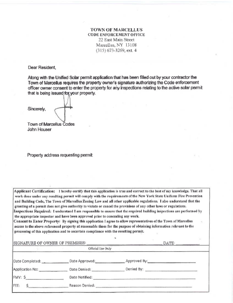First page of the Solar Permit Owner Consent