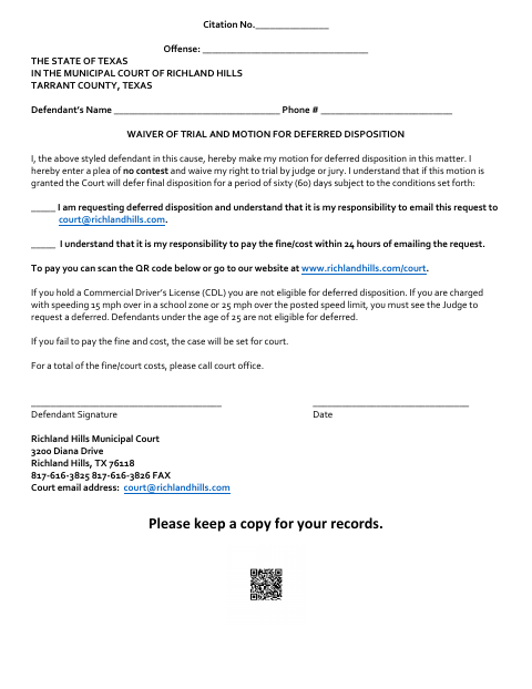 First page of the Waiver of Trial and Motion for Deferred Disposition