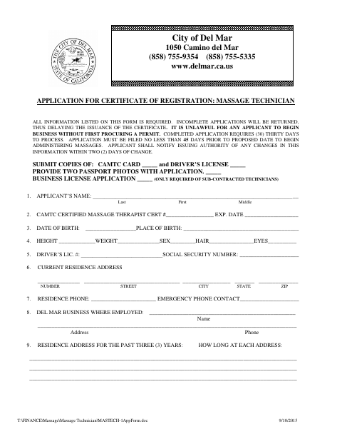 First page of the Application for Certificate of Registration: Massage Technician