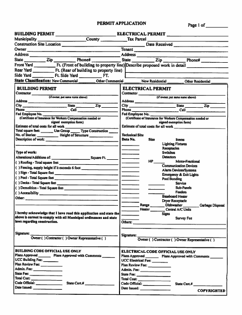 First page of the Building and Electric Permit Application