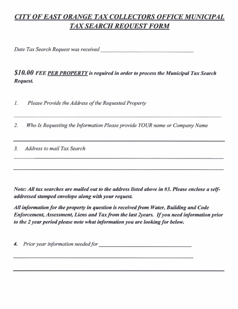 First page of the Municipal Tax Search Request Form