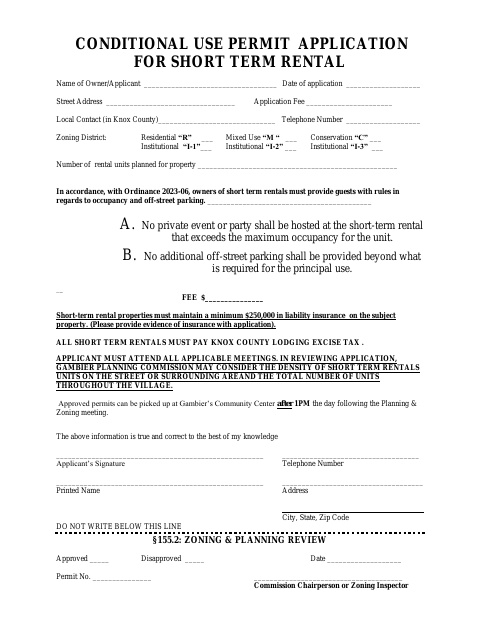 First page of the Conditional Use Permit Application for Short-Term Rental