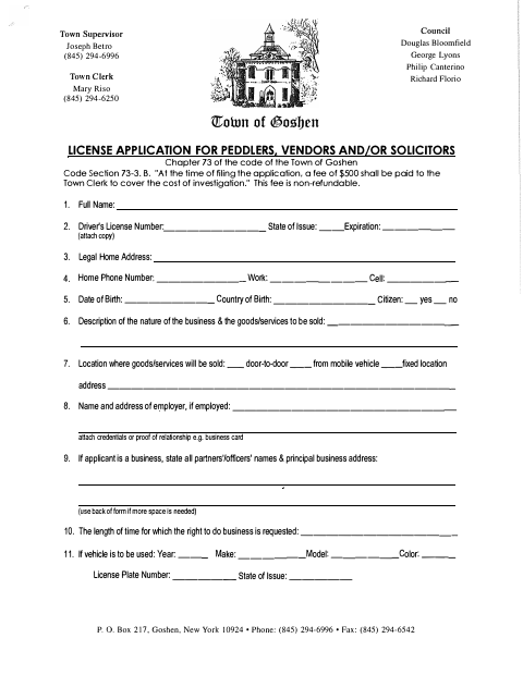 First page of the License Application for Peddlers, Vendors and Solicitors