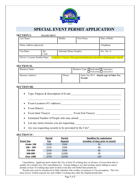 First page of the Special Event Permit Application