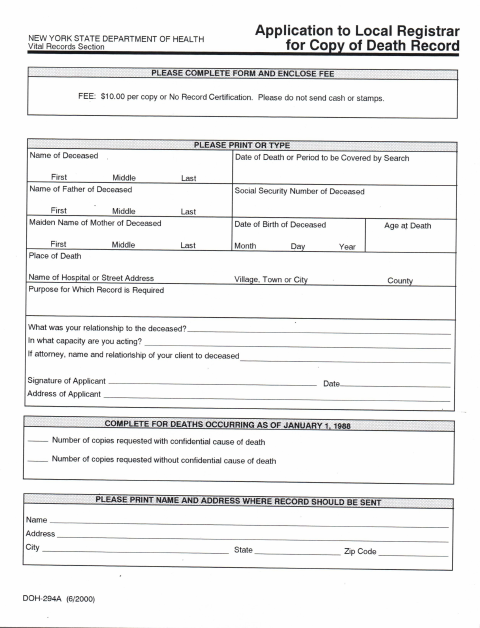 First page of the Application for Death Record