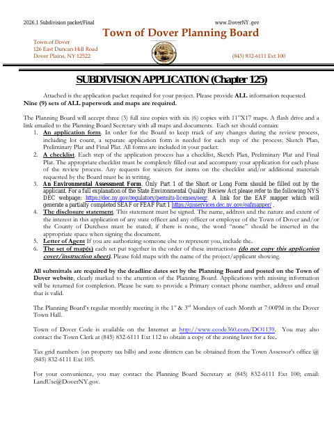 First page of the Final Plat Subdivision Application