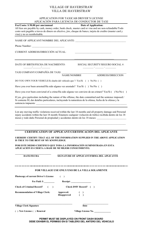 First page of the Application for Taxicab Driver’s License