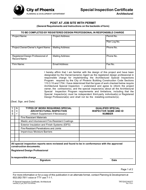 First page of the Special Inspection Certificate, Architectural