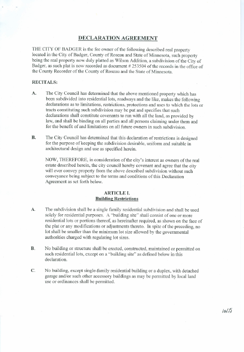 First page of the Subdivision Declaration Agreement