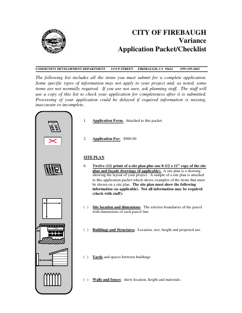 First page of the Variance Application Packet/Checklist