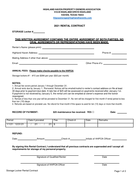First page of the Storage Locker Prorated Rental Contract