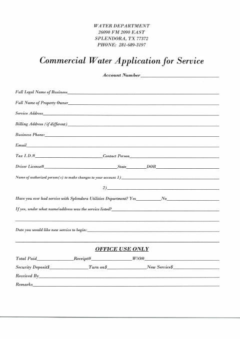 First page of the Commercial Water Application