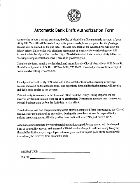 First page of the Automatic Bank Draft Authorization Form