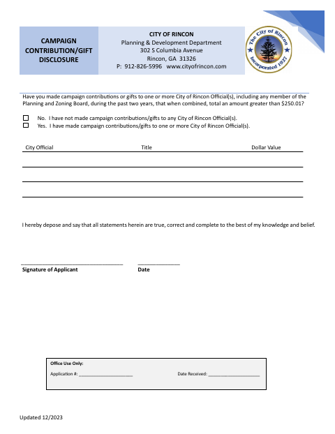 First page of the Campaign Contribution/Gift Disclosure
