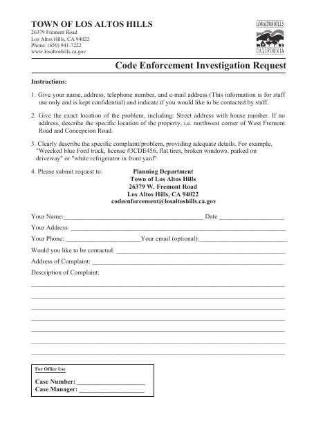 First page of the Code Enforcement Investigation Request