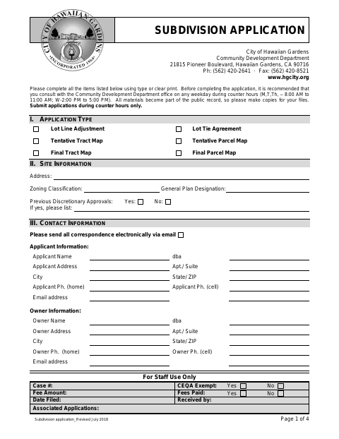 First page of the Subdivision Application (Lot Line Adjustment / Tract & Parcel Maps)