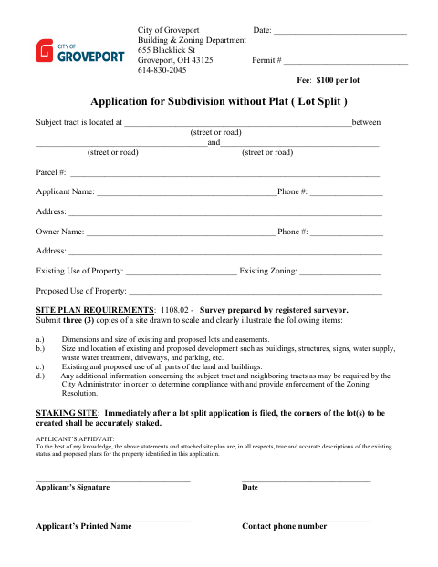 First page of the Application for Subdivision Without Plat (Lot Split)