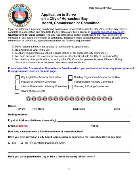 First page of the Application to Serve on a City Board, Commission or Committee