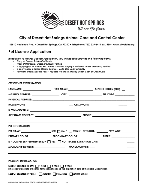 First page of the Pet License Application