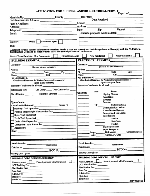 First page of the Building and Electrical Permit Application