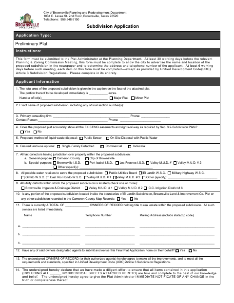 First page of the Subdivision Application