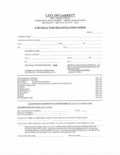 First page of the Contractor Registration Form