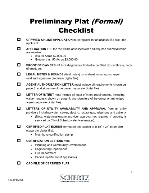 First page of the Preliminary Plat Checklist