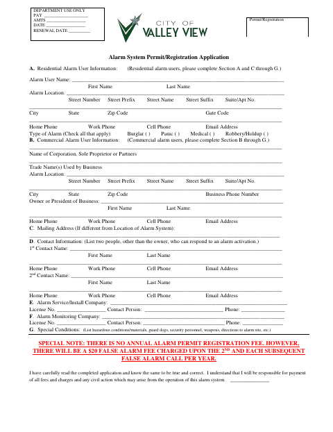 First page of the Alarm System Permit/Registration Application