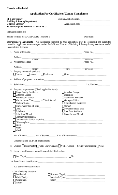 First page of the Application for Certificate of Zoning Compliance