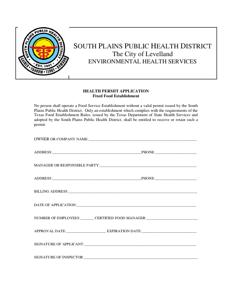First page of the Health Permit Application