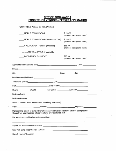 First page of the Food Truck Vendor Permit Application