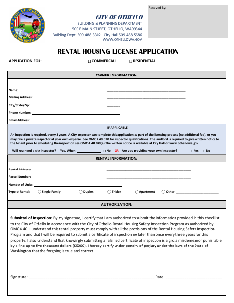 First page of the Rental Housing License Application
