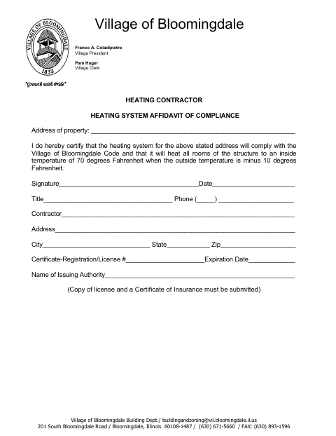 First page of the Heating System Affidavit of Compliance